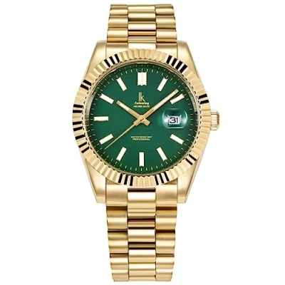 Abbildung von Alienwork Armbanduhr Herren Damen Gold Edelstahl Metallarmband Kalender Datum Grün Klassik Elegant