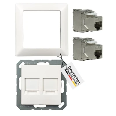 Abbildung von tsnetworks Keystone RJ45 Cat. 6A Modul inkl. Jung Abdeckung 2fach A1569 2WEWW &amp; 1fach Rahmen AS581WW alpinweis, Netzwerkdose