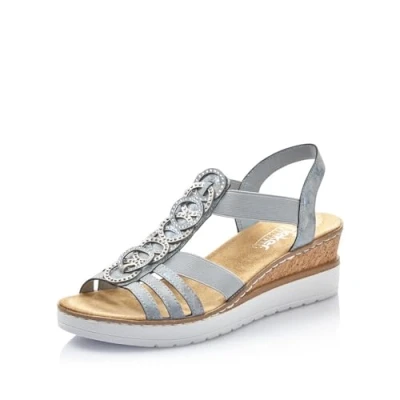 Abbildung von Rieker Damen Keilsandalen V38H8, Frauen Sandalen,Keilabsatz,Wedge Heel,Sommerschuhe,Freizeitschuhe,offene Schuhe,Strandschuhe,blau (12),39 EU / 6 UK
