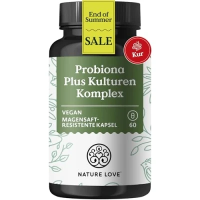 Abbildung von NATURE LOVE® Probiona PLUS 120 Mrd KBE je Tagesdosis (hochdosiert) 20 Bakterienstämme + Bio Inulin 60 magensaftresistente Kapseln Vegan, in Deutschland produziert