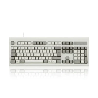 Abbildung von Perixx PERIBOARD 106M, USB Kabelgebundene Tastatur in Vollformat mit ergonomischen Design, Retro/Vintage grau/weiß