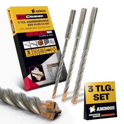 Abbildung von SDS+ Hammerbohrer Set 3tlg. 4X Schneiden PGM Ø 6 10mm x 160mm AMBOSS Werkzeuge SDS Crusher 4 HM Betonbohrer Hartmetall Profi Bohrer Stahlbeton Steinbohrer Beton Mauerwerk Ziegel Kalksandstein