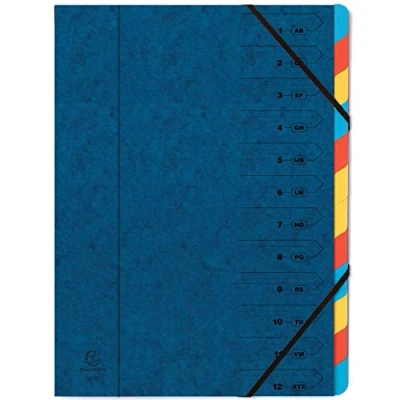 Abbildung von Exacompta 54122E Premium Ordnungsmappe geheftet. Aus extra starkem Colorspan Karton DIN A4 12 vollfarbige bunte Fächer und 2 Gummizüge mit Organisationsdruck Ringmappe Register Mappe blau