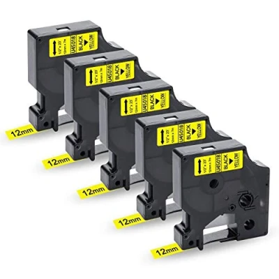 Abbildung von 5x UniPlus Kompatibel Dymo D1 45018 S0720580 als Ersatz für 12mm Etikettenband Schwarz auf Gelb LabelManager 160 220P 280 360D 420P 500TS Labelpoint 250 150 LabelWriter 450 DUO, x 7m