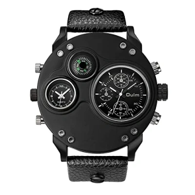 Abbildung von JewelryWe Herrenuhr Analog Quarz Kompass Zwei Zeitzone Armbanduhr Männer Leder Armband Uhr Sportuhr mit großem Runden Zifferblatt Weiß