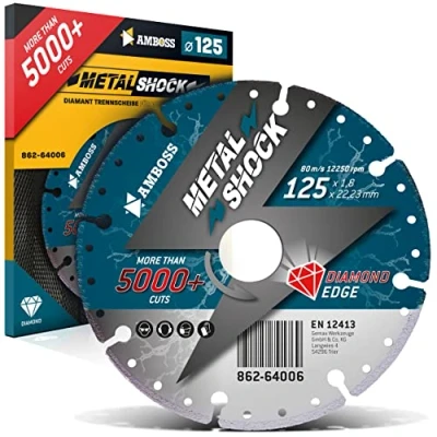 Abbildung von AMBOSS METAL SHOCK 5000+ Diamant Trennscheibe 125 x 1,8 22,23 mm geeignet für Metall/Stahl/Inox passend Winkelschleifer extrem lange Standzeit