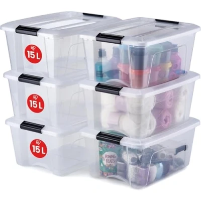 Abbildung von Iris Ohyama Aufbewahrungsboxen mit Deckel, 15L, 6er Set, Transparent, Sicherer Verschluss, Stapelbar, Griffe, Schlafzimmer, Schrank, Büro, Organisation, BPA freies Plastik, Ordnungsboxen, NTB 15