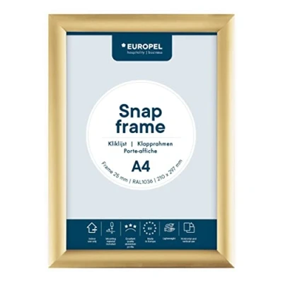 Abbildung von Europel leichte Klapprahmen DIN A4, Easy Click System, Profil 25x11 mm, Farbe Gold, eloxierte Aluminium und blendfreie Schutzfolie, Außenmaß 241x328 grau Polystyrol Rückseite