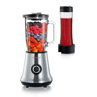 Abbildung von SEVERIN Multimixer, 2 in 1 Stand Mixer und Smoothie Maker mit l Glas Mixbehälter Trinkbecher, Küchenmixer Stufen Pulse Funktion, 500 W, Edelstahl/Schwarz, SM 3737