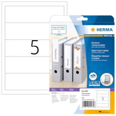 Abbildung von HERMA 5032 Einsteckrückenschilder für Ordner perforiert kurz breit, 25 Blatt, 190 x 54 mm, 5 pro A4 Bogen, 125 Stück, bedruckbar, matt, blanko Karton Einsteckschilder Rückenschilder, weiß