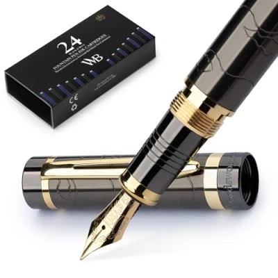 Abbildung von Wordsworth &amp; Black Primori Füllfederhalter set [Gunmetal Gold]; Extrafeine Feder, Geschenketui, 24 Tintenpatronen, Nachfüllkonverter, Handbuch; Journaling, Kalligraphie, Stifte Für Glattes Schreiben