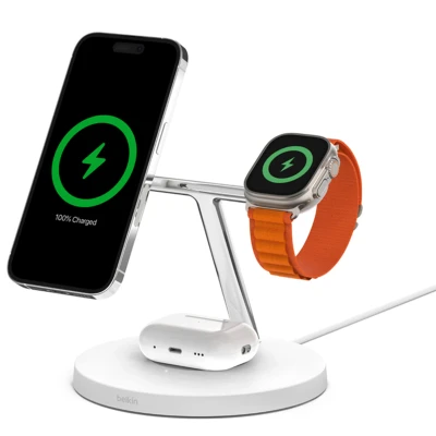 Abbildung von Belkin BoostCharge Pro MagSafe 3 in 1 Kabellose Schnellladegerät 15 Watt Weiß Kunststoff