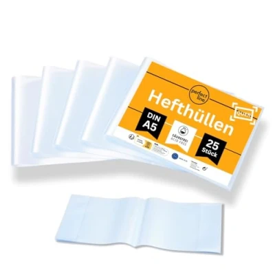 Abbildung von perfect line 25 Heft Hüllen QUERFORMAT DIN A5, Heftumschlag transparent &amp; genarbt, Heftschoner aus recyclebarem Polypropylen (PP), Made in EU