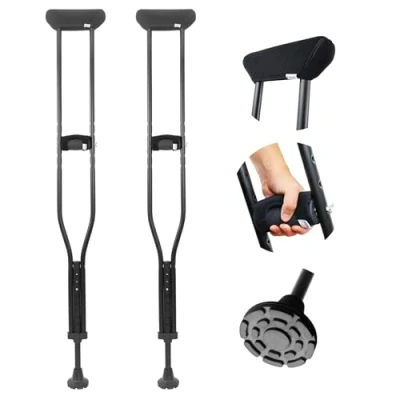 Abbildung von KMINA Krücken mit Softgriff (x2 stücke, Größe M), Achselkrücken Höhenverstellbar, Gehhilfen Gepolstert, Aluminium Unter Achseln, Schwarz Made in Europe
