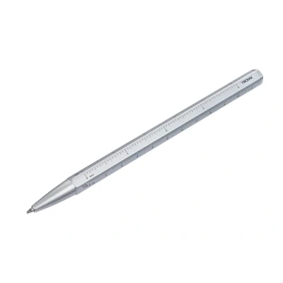 Abbildung von TROIKA Multitasking Kugelschreiber mit schwarzer D1 Mine CONSTRUCTION BASIC Zentimeter /Zoll Lineal, 1:20/1:50 Skala einfacher Minenwechsel Aluminium, Metall silberfarben Original