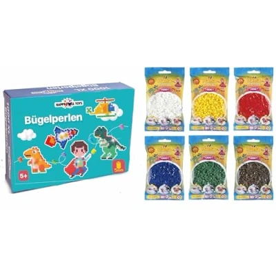 Abbildung von Happy Price Toys Hama Midi Bügelperlen (Kon 2) Konvulut 6x Vollton Farben,Weiß,Gelb,Rot,Grün,Blau,Braun + Bügelanleitung mit 3 Design Vorlagen