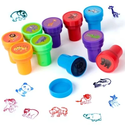 Abbildung von Romon 10 Stück Stempelset Tiere, Stempel Kinder, Niedliche Spielzeugstempel aus Plastik, Rund, Mehrfarbig, für Klassenzimmer Belohnungen, Party Taschenfüller, Kindergeburtstag Partygeschenk