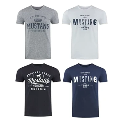 Abbildung von MUSTANG Tshirt Herren Baumwolle Regular Fit 4er Pack Set Rundhals Kurzarm Sommer Tee Shirt Logoprint, Größe:XXL, Farbe:Pack 9