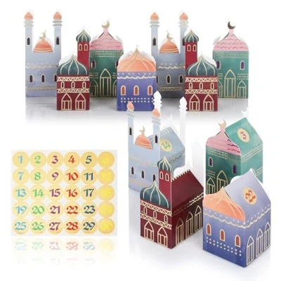 Abbildung von CraftWerk Ramadan Kalender Boxen 30 Bunte Häuser mit Aufklebern zum Aufstellen und Dekorieren Wiederverwendbare Eid Mubarak Geschenkboxen Tüten Befüllen für Kinder Erwachsene