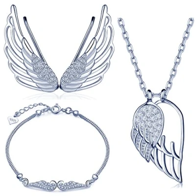Abbildung von Yumilok 925 Sterling Silber Zirkonia Engelsflügel Halskette Charm Armband Ohrklemme Schmuck Set Kette mit Anhänger Armkette Ohrringe für Damen Mädchen
