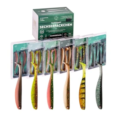 Abbildung von Zanderfang Gummifisch Set Gummiköder für Zander, Barsch, Hecht Angeln mit Kunstköder UV aktive Gummifische 9,5cm in 6 Farben