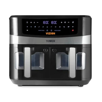Abbildung von Tower T17100 Vortx Vizion 9 L Heißluftfritteuse mit Zwei Körben, Digitalem Bedienfeld &amp; 10 One Touch Voreinstellungen, Schwarz