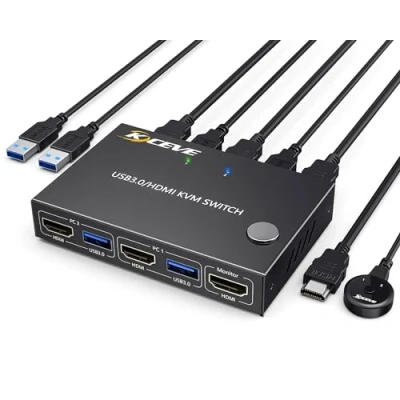 Abbildung von YOUTINGHDAV KVM Switch 2 PC 1 Monitor, USB 3.0 HDMI Port, 4K@60Hz EDID Emulator, Teilen 4 Geräte Maus Tastatur, mit Wired Remote und 3 Kabeln