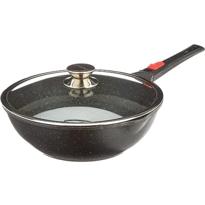 Abbildung von KAMBERG Wok 28 cm Manche Amovible Fonte d&#039;Aluminium Revêtement pierre Couvercle en Verre Tous Feux dont Induction Sans PFOA 0008056