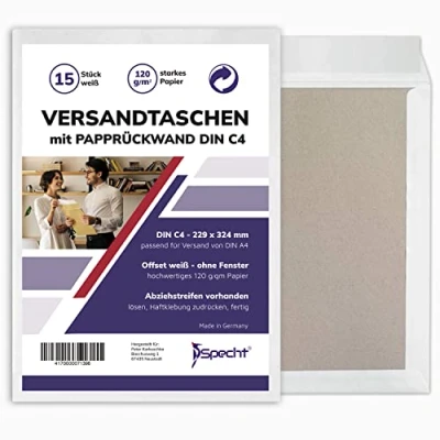 Abbildung von 15 Versandtaschen C4 in Weiß ohne Fenster mit Papprückwand, selbstklebend Haftklebung und Abdeckstreifen, 229 x 324 mm, Premium, 120g/m² Papier, Briefumschlag, Kuvert, Geschäftsumschlag, DIN A4