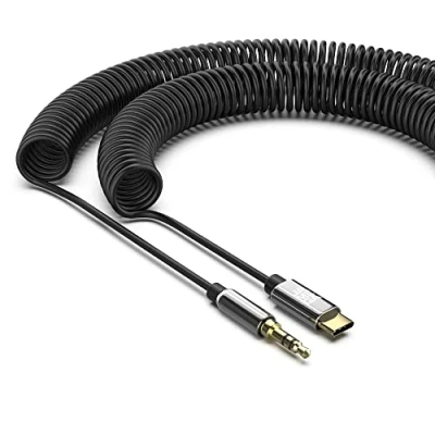 Abbildung von JAMEGA USB C Klinke Aux Spiralkabel Typ auf 3.5mm Klinken Spiral Kabel DAC Chip Stereo kompatibel mit Huawei P30 Pro/P40 Pro/P20/Mate 30, Samsung S20/20+/S10/Note 10/S9/S8 uvm bis zu 2m