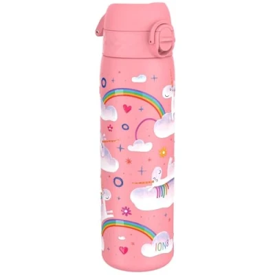 Abbildung von Ion8 Stahl Trinkflasche, 600 ml, Auslaufsicher, Einhandöffnung, Sichere Verriegelung, Spülmaschinenfest, Klappdeckel, Tragegriff, Leicht zu Reinigen, Langlebig, Einhorn Regenbogen Design