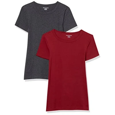 Abbildung von Amazon Essentials Damen Kurzärmeliges T Shirt mit Rundhalsausschnitt, Schmale Passform, 2er Pack, Burgunderrot/Dunkelgrau Meliert, XS