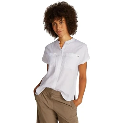 Abbildung von Tommy Hilfiger Damen Bluse Linen Collarless Kurzarm, Weiß (Th Optic White), 38
