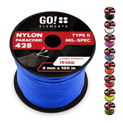 Abbildung von GO!elements 100m Paracord Seil aus reißfestem Nylon 3mm 425 Typ II max. 192kg Schnüre als Outdoor Seil, Allzweckseil, Survival Armband, Hundeleine, Nylonschnur, Farbe:Blau