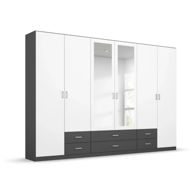 Abbildung von Rauch Möbel Gamma Schrank Drehtürenschrank Kleiderschrank in Grau Metallic und Weiß mit Spiegel 6 türig, inklusive Zubehörpaket Basic 3 Kleiderstangen, Einlegeböden BxHxT 271 x 210 54 cm