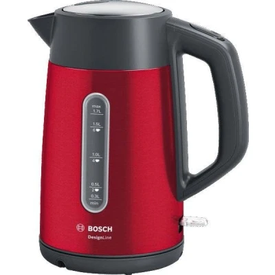 Abbildung von Bosch kabelloser Wasserkocher DesignLine TWK4P434, Ausgießen ohne Spritzer, Tassenanzeige, Wasserstandsanzeige beidseitig, Überhitzungsschutz, 1,7 L, 2400 W, rot