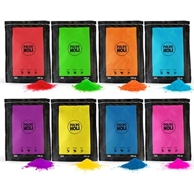 Abbildung von POLVO Holi Packung 800 g Pulver 8 Beutel à 100 g. Farben, Rot, grün, orange, blau, violett, gelb, Navy Rosa