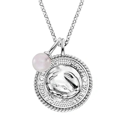 Abbildung von Engelsrufer Damen Halskette aus Sterling Silber und Sternzeichen Krebs Anhänger besetzt mit 2 Zirkonia Steinen einem Rosenquarz Stein Länge: 50cm