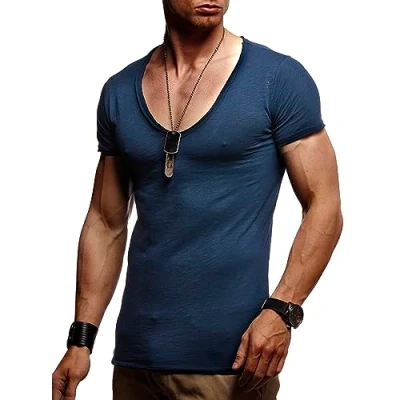 Abbildung von Leif Nelson Sommer T Shirt Herren V Ausschnitt (blau, Größe M) Coole Tshirts Neck Baumwolle Basic Shirts Männer Kurzarm tiefem