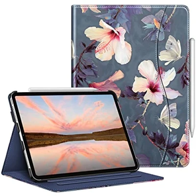 Abbildung von Fintie Hülle für iPad Pro 11 Zoll 4. Generation/ 3. Gen/ 2. Gen (Modell 2022/2021/2010), Multi Winkel Folio Schutzhülle mit Stifthalter, Dokumentenfach und Auto Schlaf/Wach Funktion, Hibiskus
