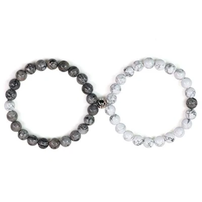 Abbildung von COAI Geschenkideen Ying und Yang Armbänder aus Map Jasper Karte Jaspis Howlith mit 925 Sterling Silber Magnet Charm für Pärchen