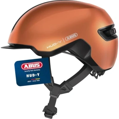 Abbildung von ABUS Urban Helm HUD Y mit magnetischem, aufladbarem LED Rücklicht &amp; Magnetverschluss cooler Fahrradhelm für den Alltag Damen und Herren Orange, Größe S, S (51 55 cm)