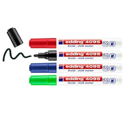 Abbildung von edding 4095 Kreidemarker Set schwarz, rot, blau, grün 4 Kreidestifte Rundspitze 2 3 mm Kreidestift für Tafel abwischbar Fenster, Glas, Spiegel Tafelstift mit deckenden Farben