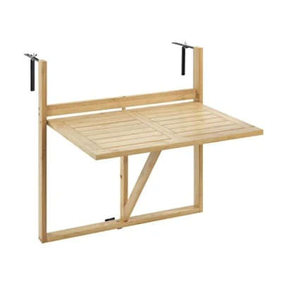 Abbildung von WENKO Bambus Balkon Klapptisch Mod. Waikiki, Tisch zum Einhängen am Geländer mit stufenlos einstellbaren Wandhaltern und herunter klappbarer Tischplatte aus lackiertem Bambus, 64 x 65 44 cm