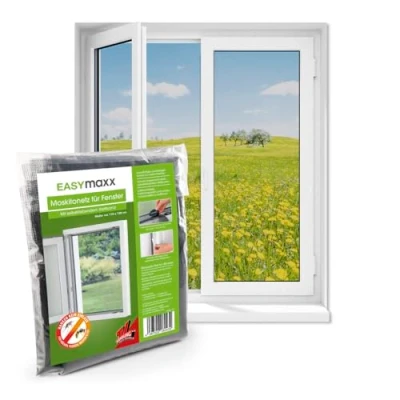Abbildung von EASYmaxx Fliegengitter Fenster Moskitonetz, Montage ohne Bohren zuschneidbarer Insektenschutz bis 110 x 130 cm Mückenschutz Fliegennetz Klettband selbstklebend [Schwarz]