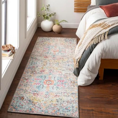 Abbildung von Livabliss Asmara Vintage Teppich groß Wohnzimmer 80x220 cm, Esszimmer, Schlafzimmer Orientalischer Boho Style Carpet Living Room, Bunter Muster, Grau und Orange