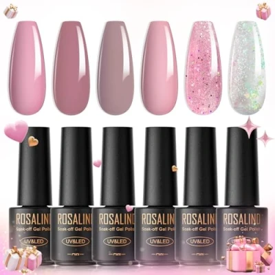 Abbildung von ROSALIND UV Nagellack Pastell, 6 Farben Mini Gel Set Weiß Hellrosa Dunkelrosa Glitzer Rosa Shellac Soak Off LED Nail Polish French Manicure für Frauen Mutter Geschenkset
