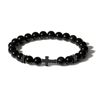 Abbildung von COAI Kristall Perlenrmband aus Echter Obsidian mit Kreuz Charm Edelsteinarmband für Damen Herren Größe M
