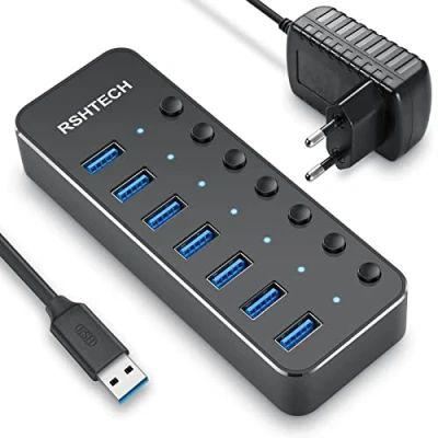 Abbildung von RSHTECH USB Hub Aktiv 3.0 mit Netzteil, Aluminium 7 Ports, Port Verteiler für Datenübertragung 10W (5V/2A) RSH 518 2