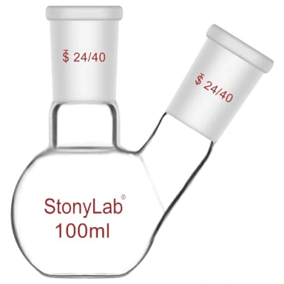 Abbildung von stonylab Flachbodenkolben FBF, Schwerwandiger 2 Hals Laborkolben Borosilikatglas Flachboden Siedekolben mit 24/40 Standard Gelenk, 100 ml